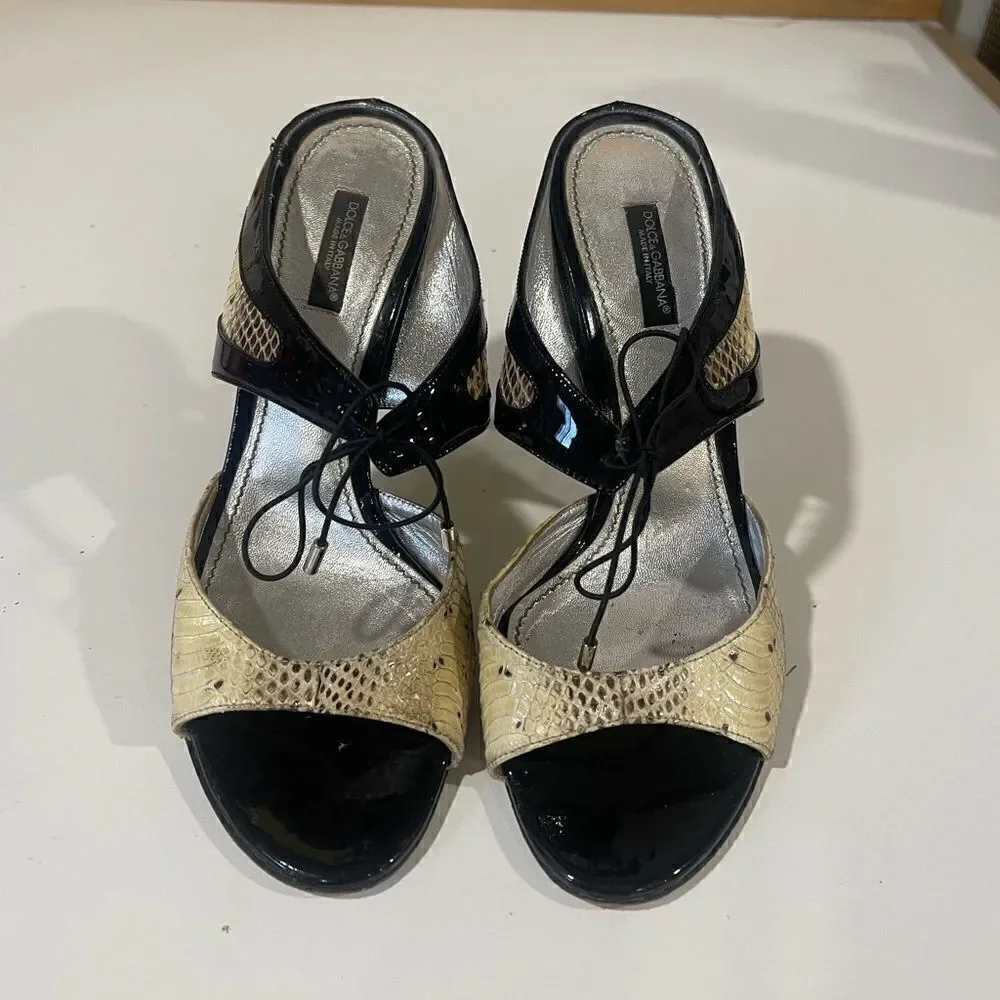 Dolce & Gabbana Snakeskin and Patent Leather Open Toe Heels